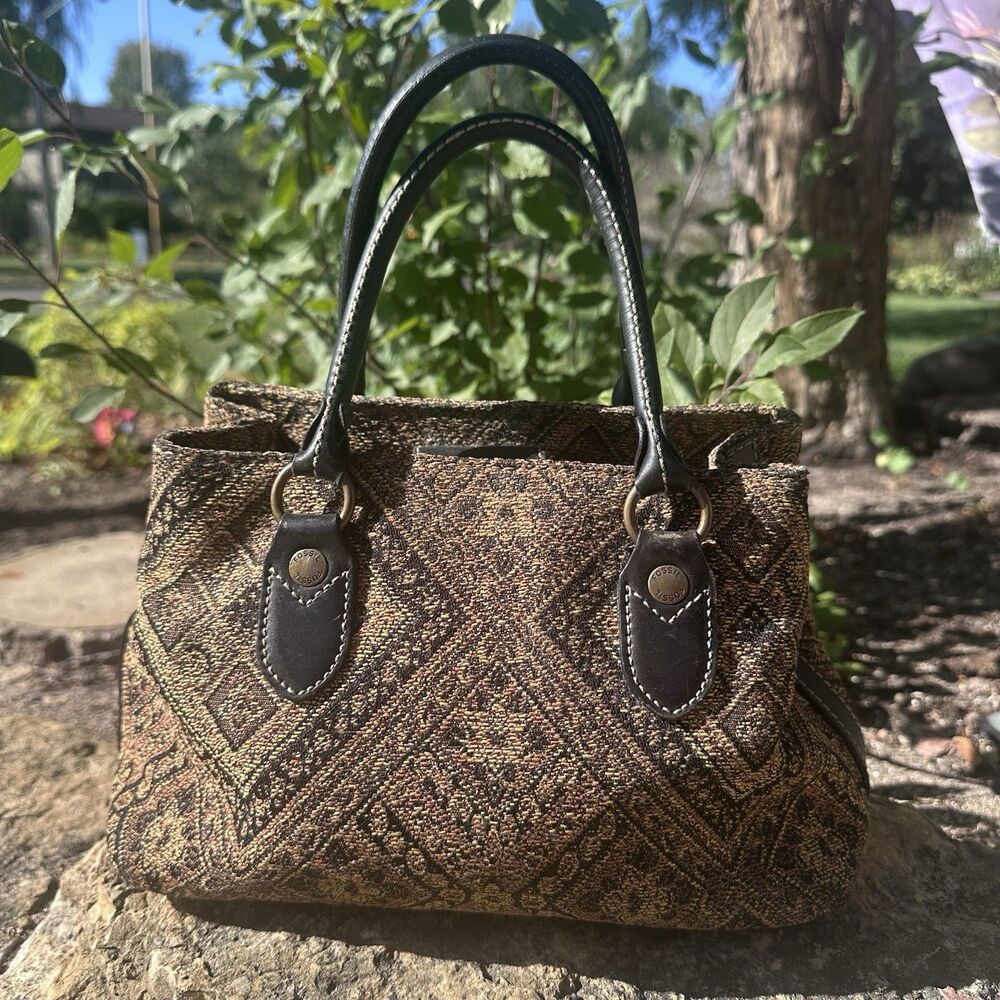 Vintage Fossil 75032 Tapestry Carpet Bag Satchel Brown Leather Boho Purse
